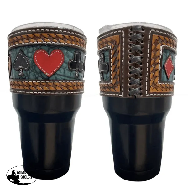 178543 30 oz Insulated Black Tumbler with Removable Argentina Cow Leather Sleeve - Playing Card Suits