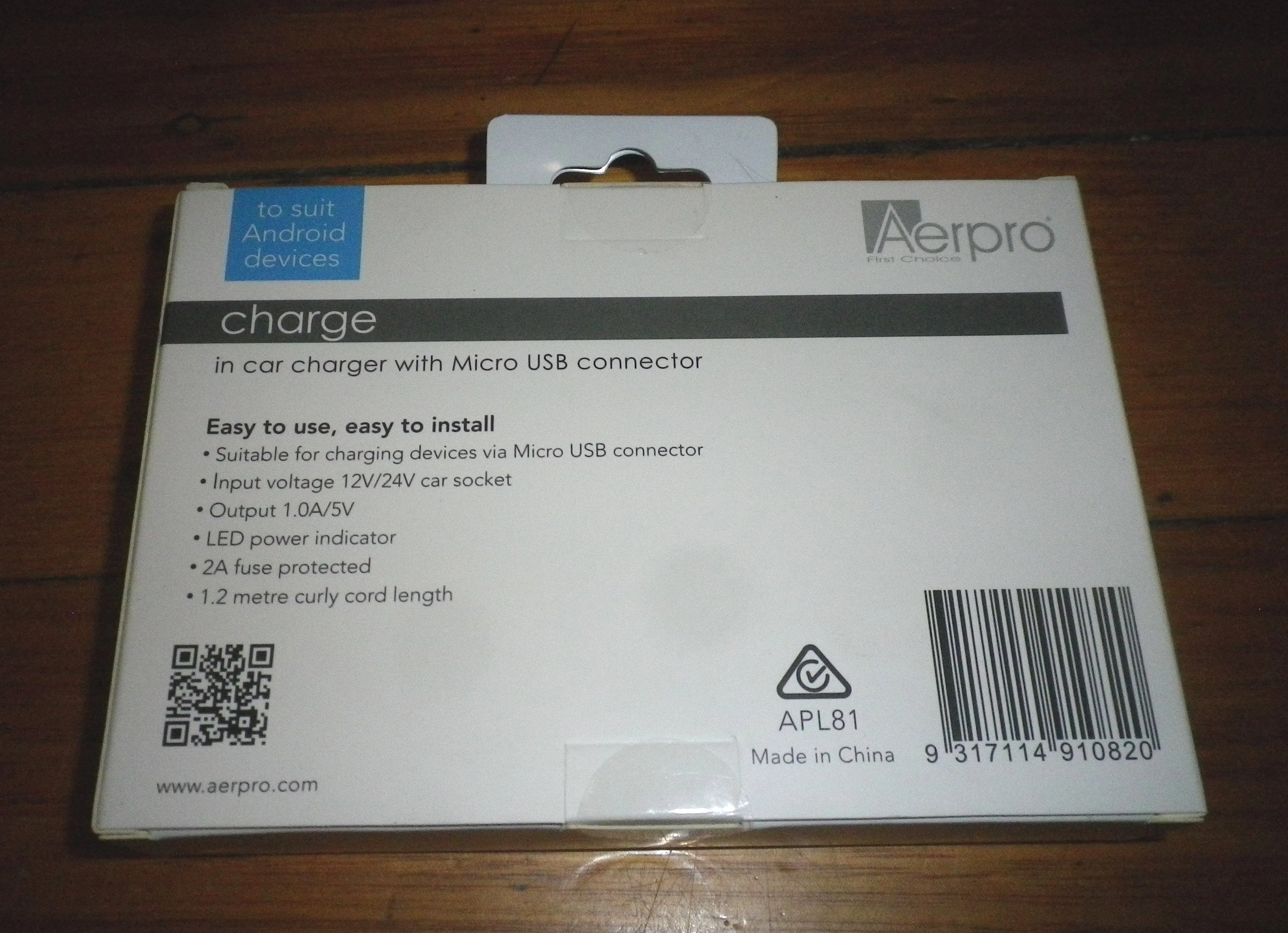AerPro Car Charger Adaptor for Smartphones with Micro USB Plug - Part # APL81