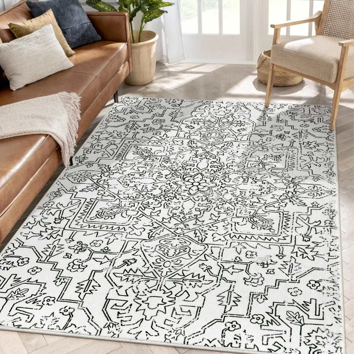 Alarie Modern Vintage Medallion Distressed Ornate Black Area Rug
