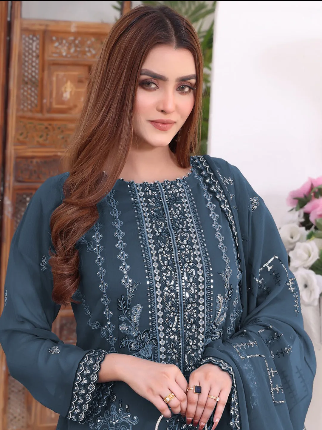 Aqua Blue Designer Georgette Semi-Stitched Pant Suit With Embroidery Work