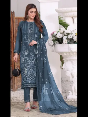 Aqua Blue Designer Georgette Semi-Stitched Pant Suit With Embroidery Work