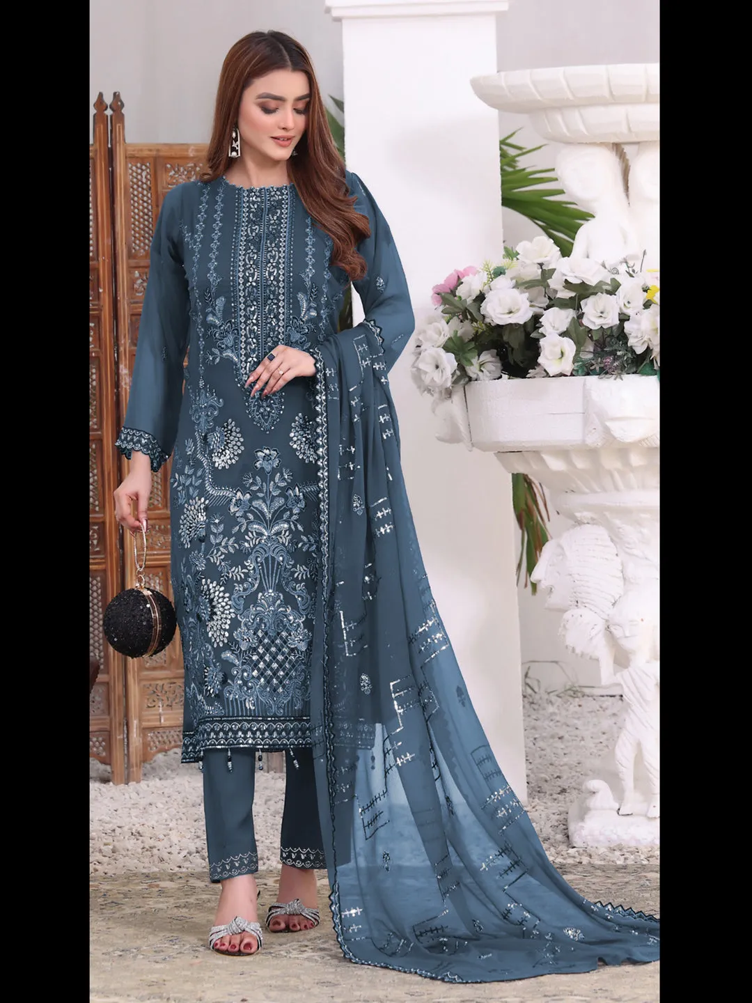 Aqua Blue Designer Georgette Semi-Stitched Pant Suit With Embroidery Work
