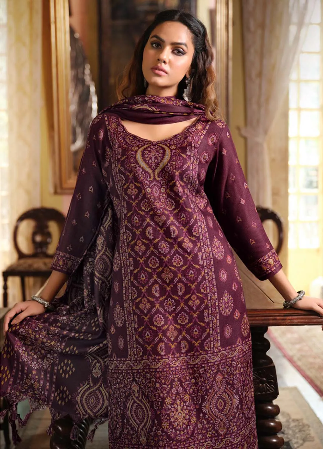 Belliza Dark Purple Pure Alpine Woolen Unstitched Winter Suits for Women