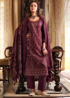 Belliza Dark Purple Pure Alpine Woolen Unstitched Winter Suits for Women