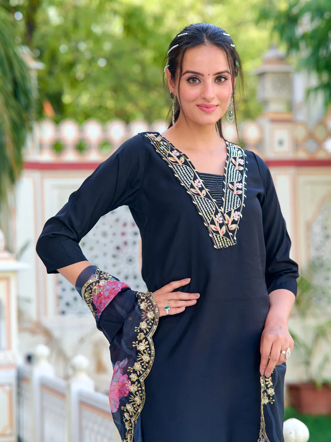 Black Designer Printed Pant Suit With Embroidery Work