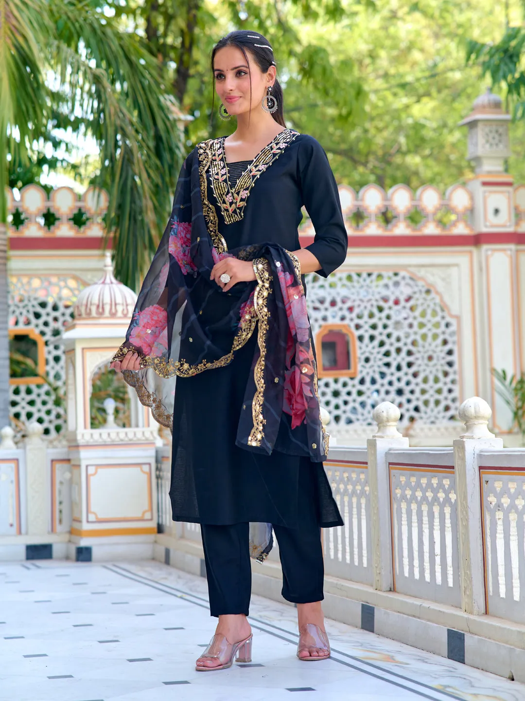 Black Designer Printed Pant Suit With Embroidery Work