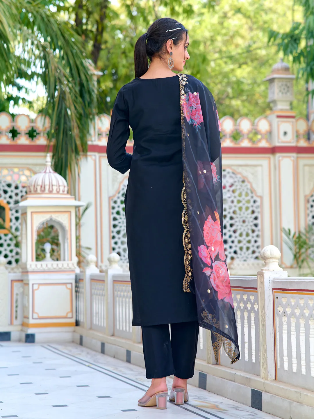 Black Designer Printed Pant Suit With Embroidery Work