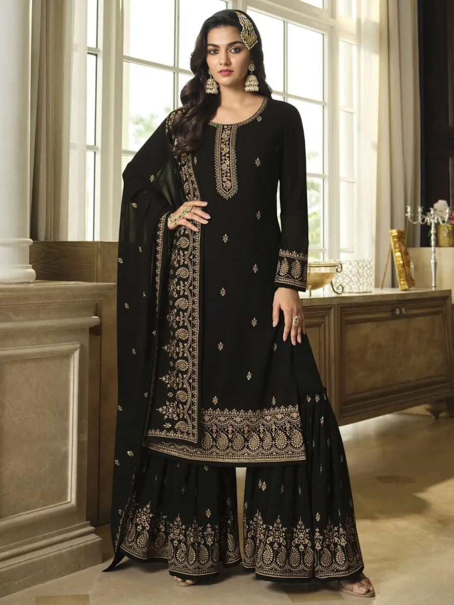Black Georgette Embroidered Sharara-Style-Suit
