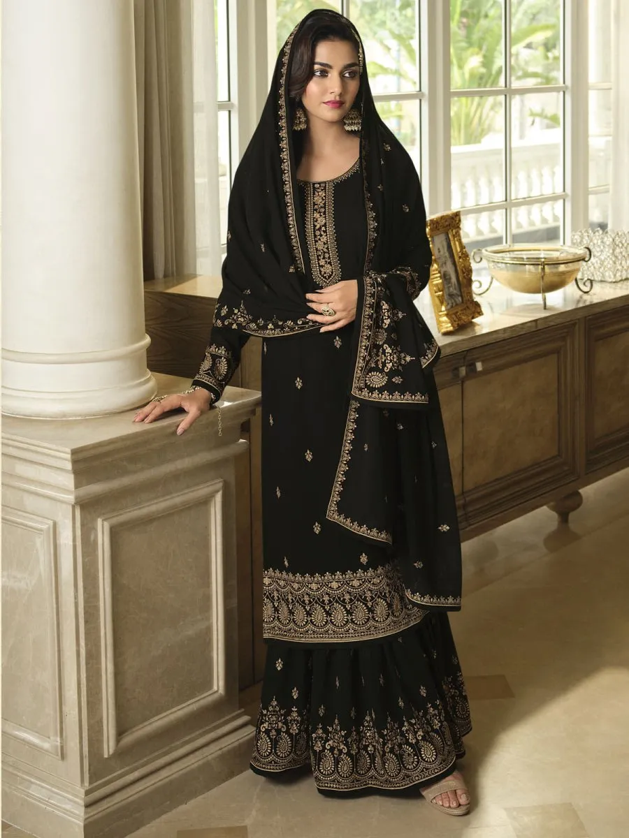 Black Georgette Embroidered Sharara-Style-Suit
