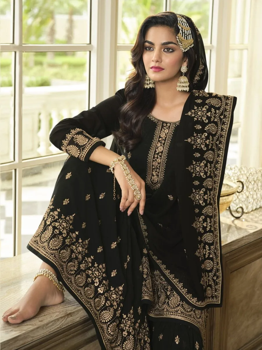 Black Georgette Embroidered Sharara-Style-Suit