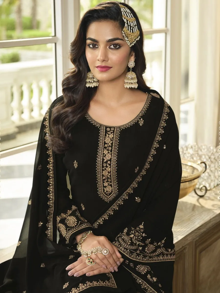 Black Georgette Embroidered Sharara-Style-Suit