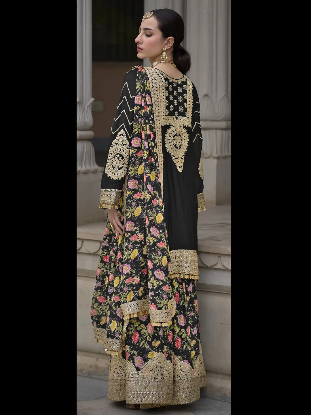 Black Heavy Chinon Classy Designer Readymade Sharara Suit With Embroidery Sequence & Mirror Work