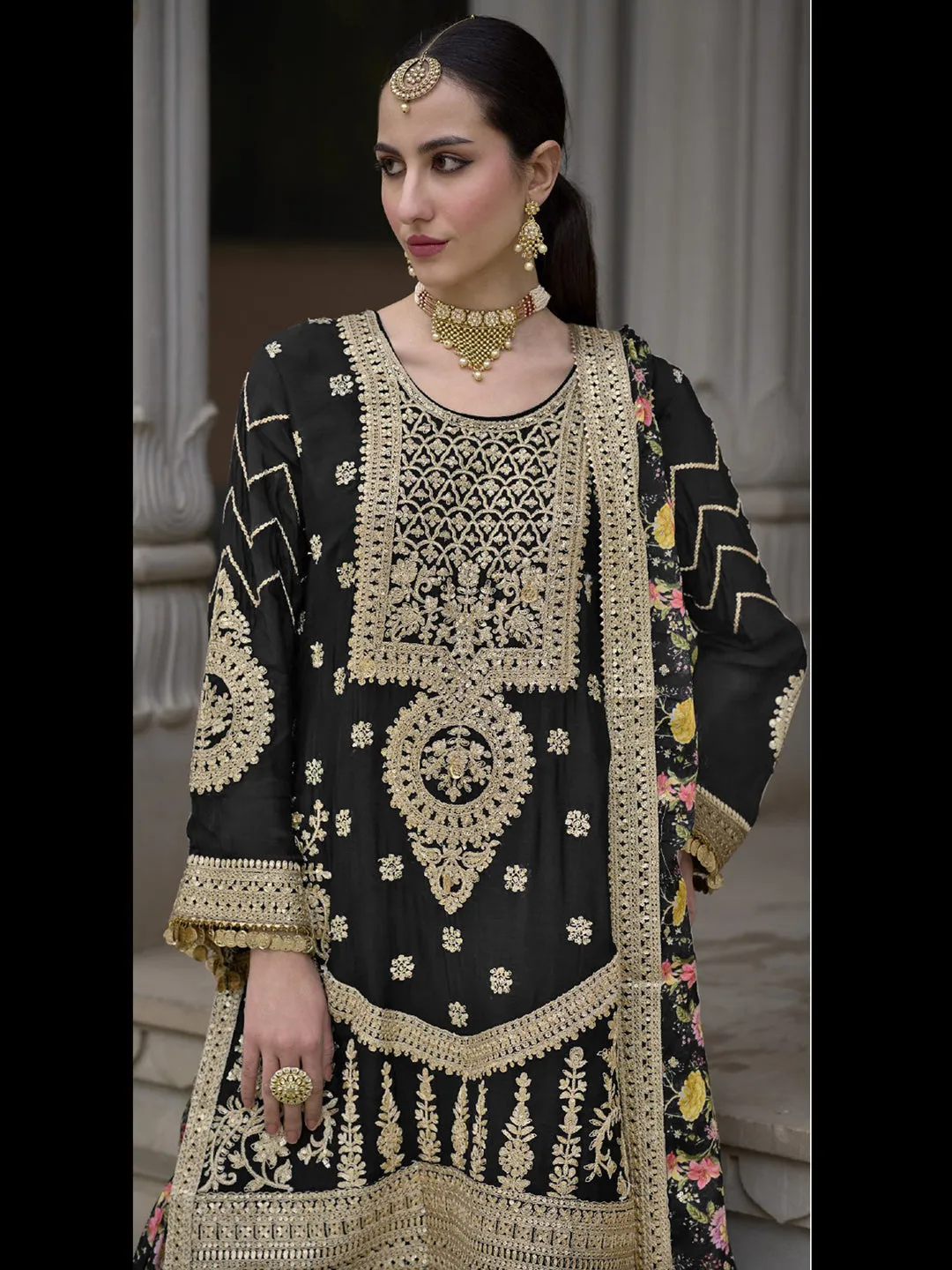 Black Heavy Chinon Classy Designer Readymade Sharara Suit With Embroidery Sequence & Mirror Work