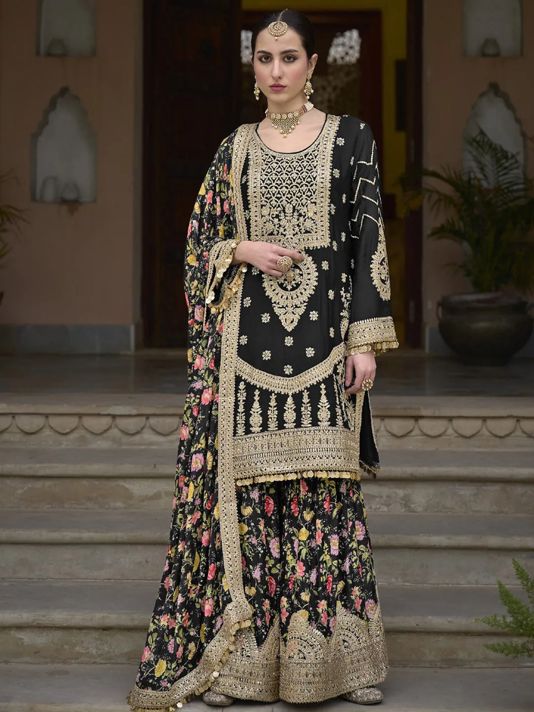 Black Heavy Chinon Classy Designer Readymade Sharara Suit With Embroidery Sequence & Mirror Work