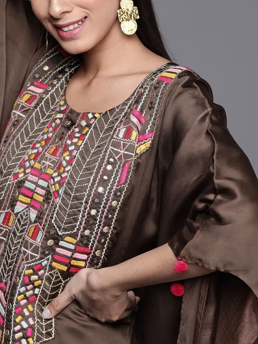 Brown Satin Georgette Thread Work Kurta