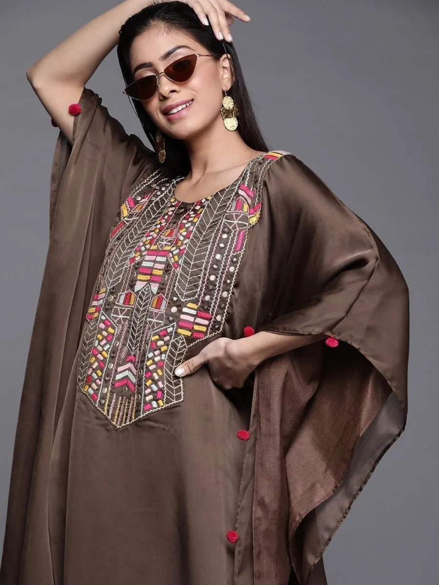 Brown Satin Georgette Thread Work Kurta