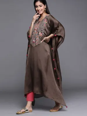 Brown Satin Georgette Thread Work Kurta
