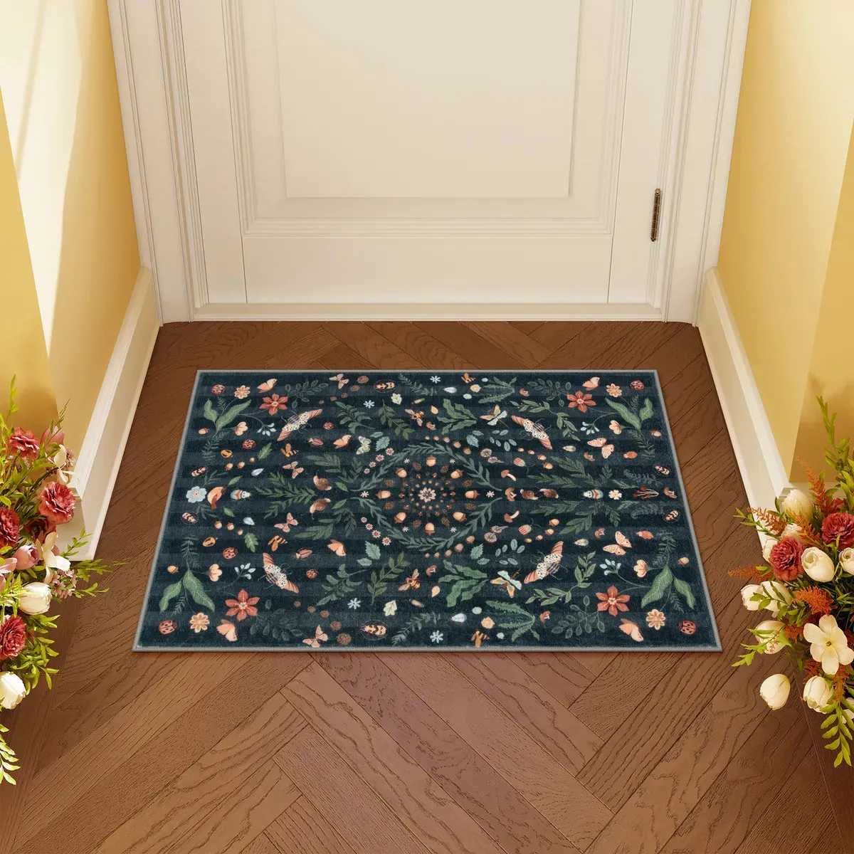 Chloe Boho Insect Botanical Floral Black Area Rug