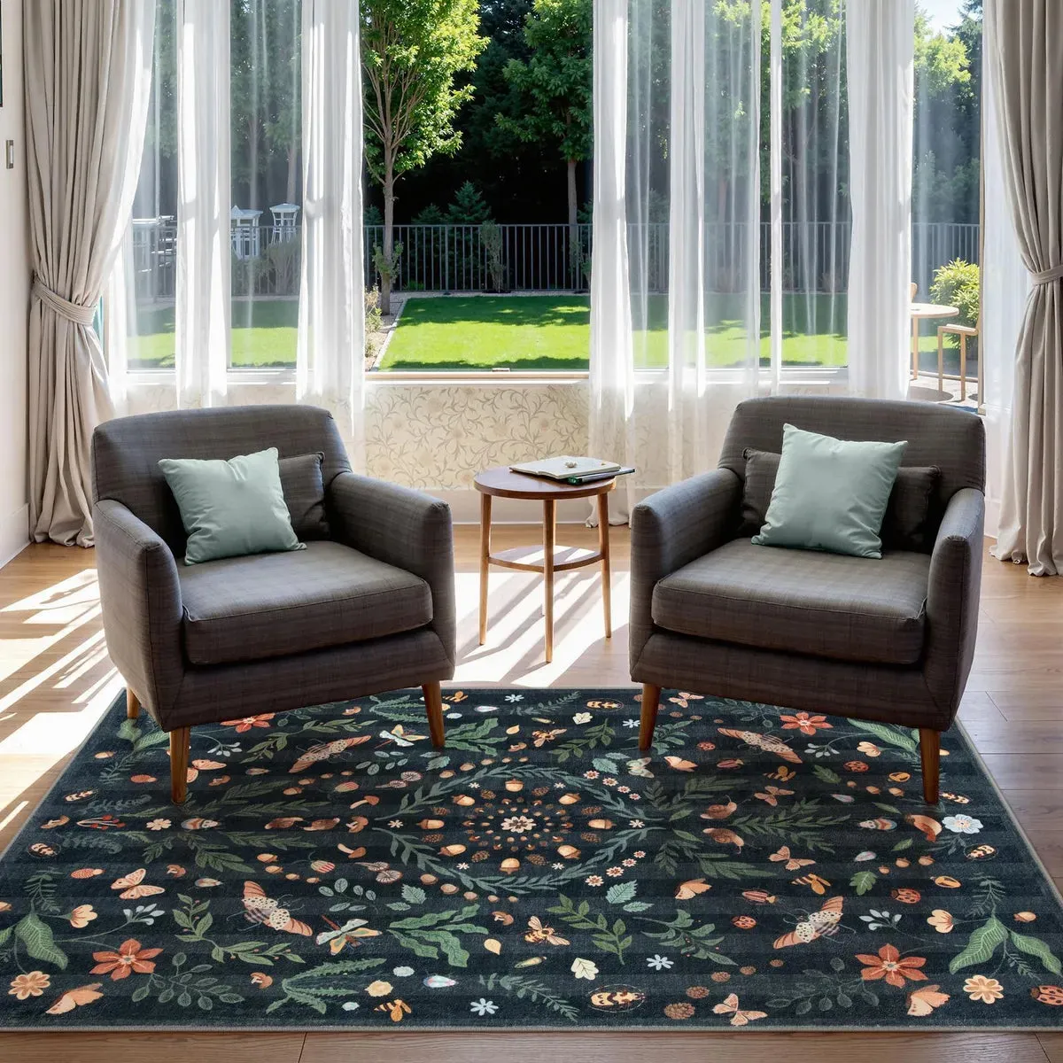 Chloe Boho Insect Botanical Floral Black Area Rug