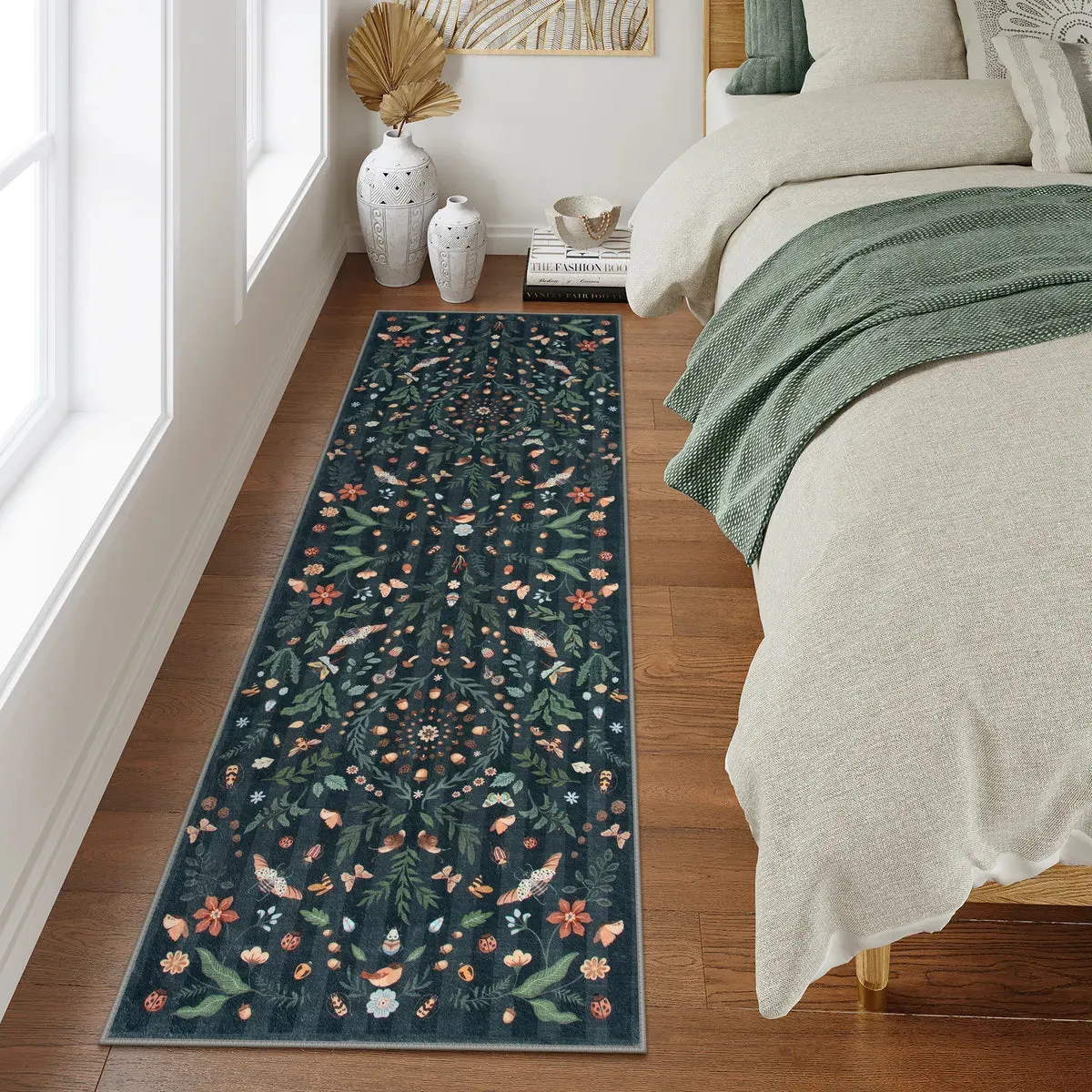 Chloe Boho Insect Botanical Floral Black Area Rug
