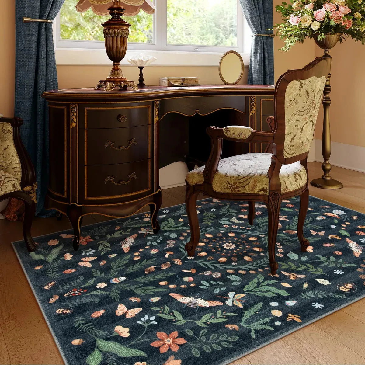 Chloe Boho Insect Botanical Floral Black Area Rug
