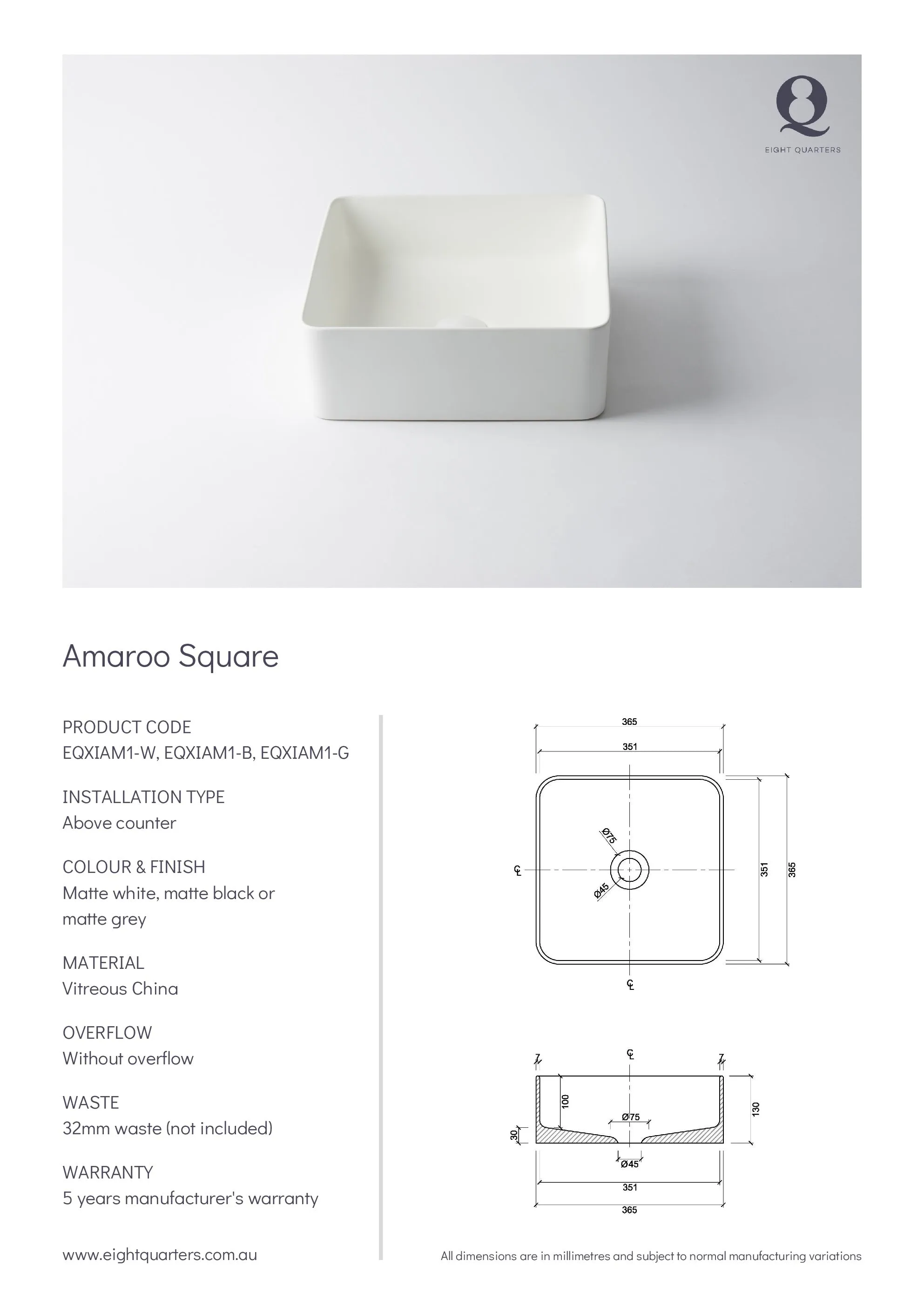 Eight Quarters Amaroo Square Matte Black