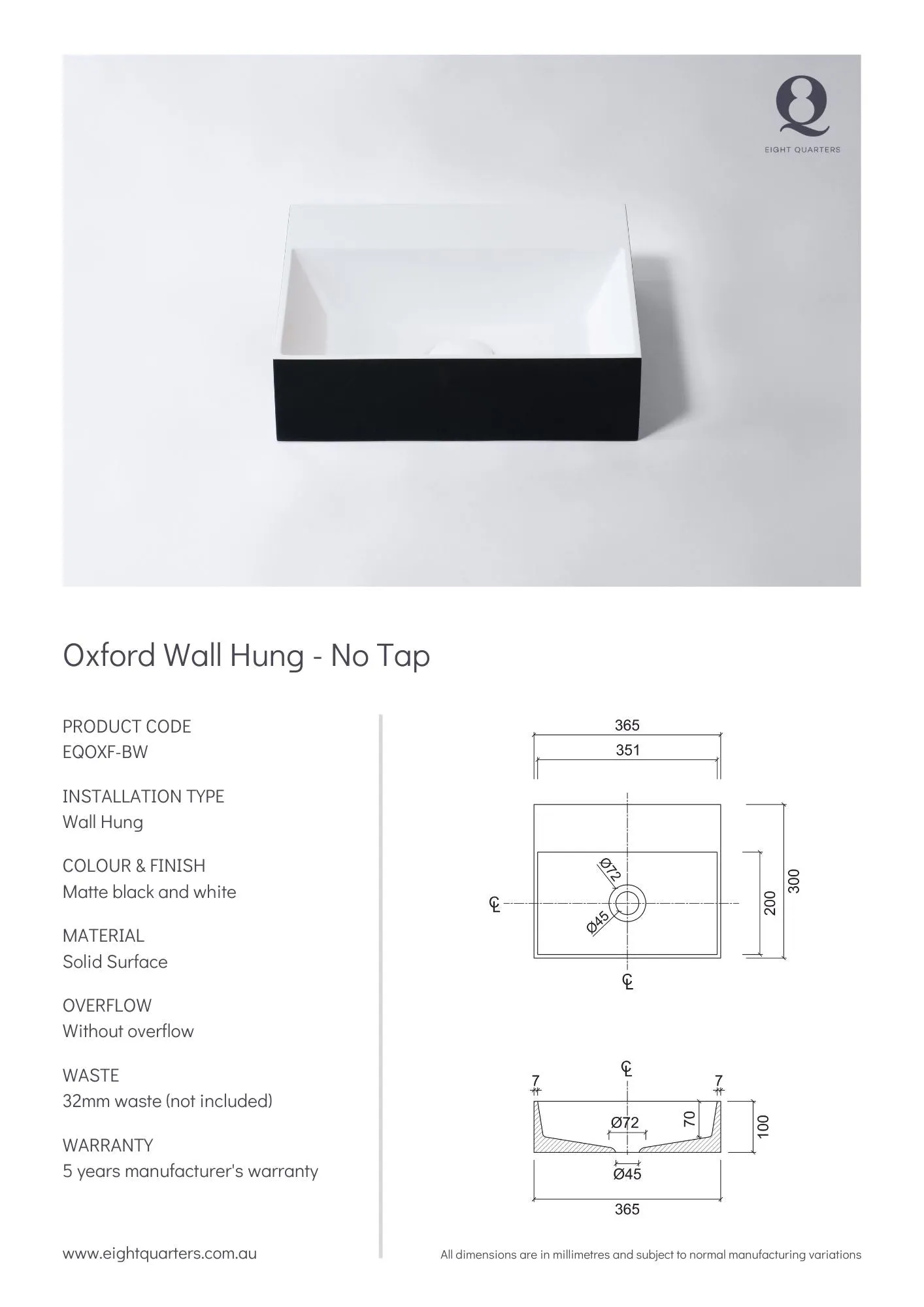 Eight Quarters Oxford Wall Hung - No Tap