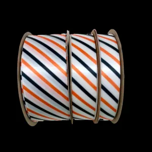 Halloween striped ribbon in orange, black and white printed on 5/8", 7/8" and 1.5" white single face satin