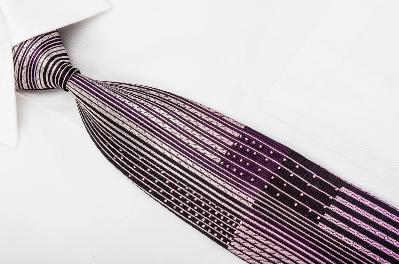 Indian Homme Rhinestone Silk Tie Purple Vertical Striped With Sparkles
