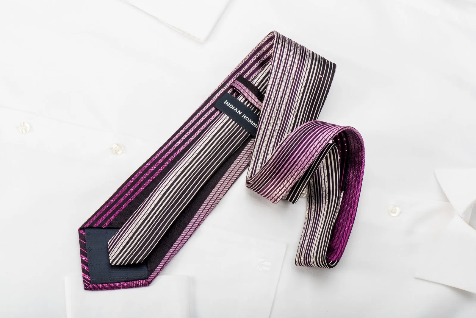 Indian Homme Rhinestone Silk Tie Purple Vertical Striped With Sparkles