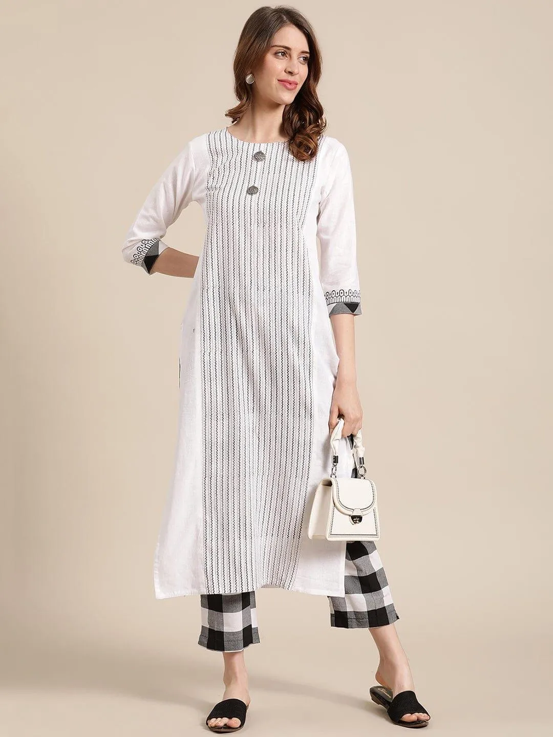 KSUT Off White & Black Striped Panelled Straight Kurta with Trousers