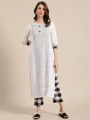 KSUT Off White & Black Striped Panelled Straight Kurta with Trousers