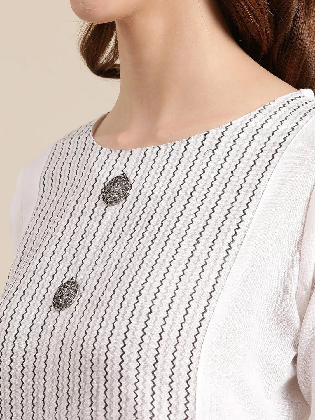 KSUT Off White & Black Striped Panelled Straight Kurta with Trousers