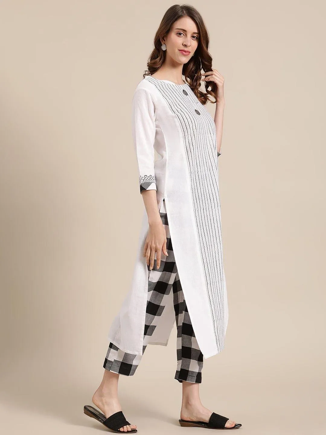 KSUT Off White & Black Striped Panelled Straight Kurta with Trousers