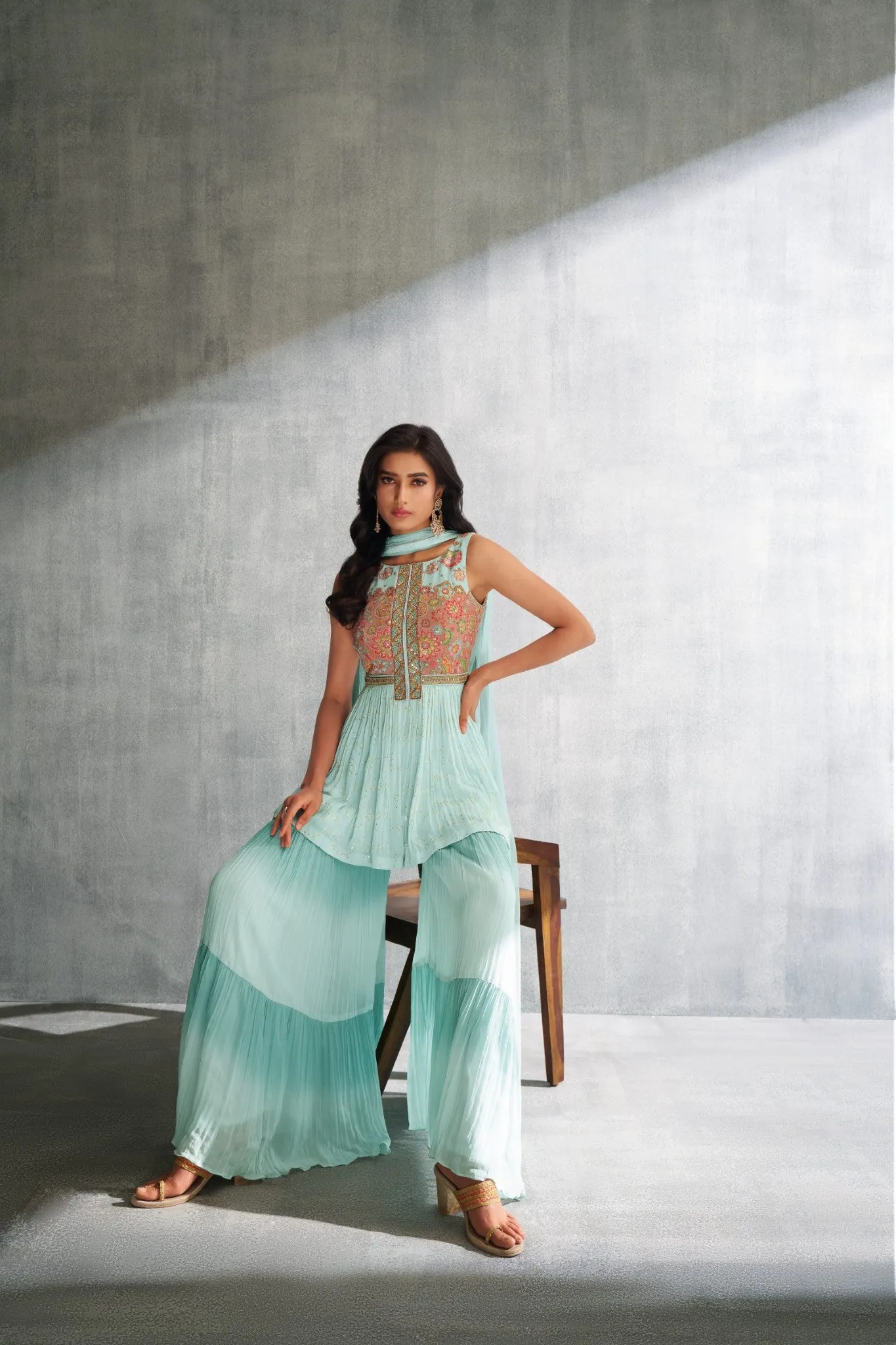 LIGHT BLUE THREE PIECE GHARARA SUIT SET