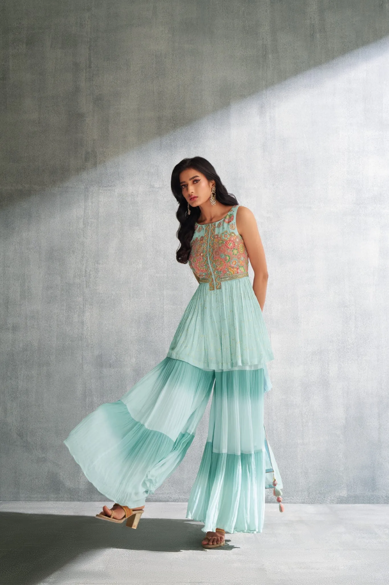 LIGHT BLUE THREE PIECE GHARARA SUIT SET