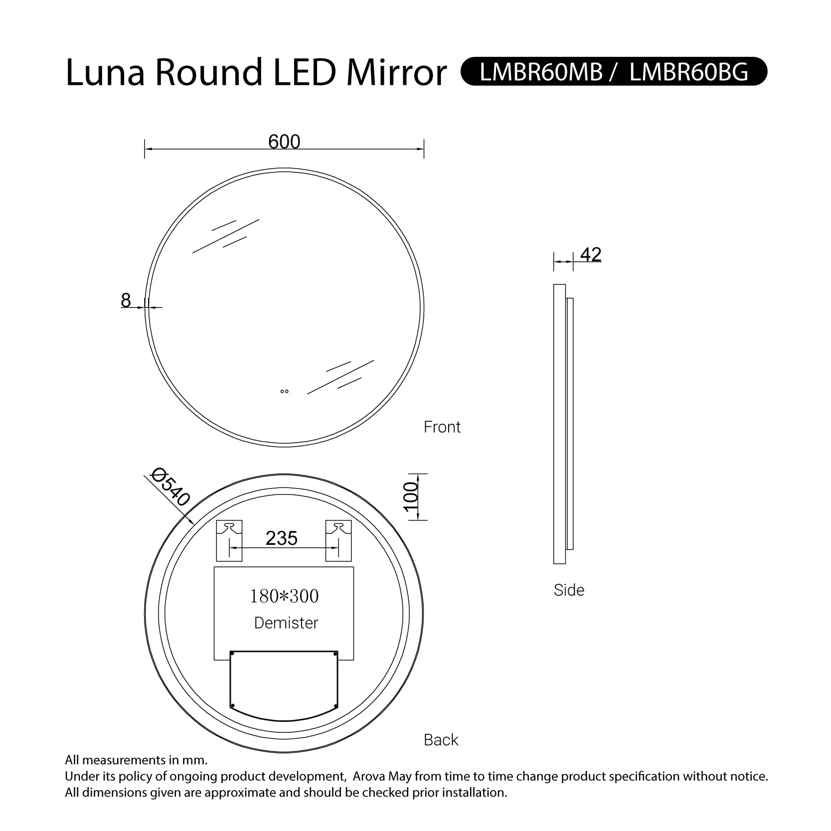 Luna 600mm Black Frame Anti-Fog Dimmable Led Bathroom Mirror Round