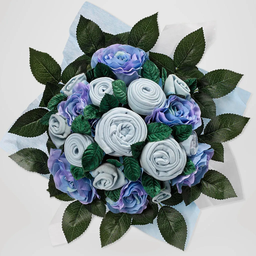 Luxury Rose Baby Clothes Bouquet and Personalised Teddy Bear, Blue