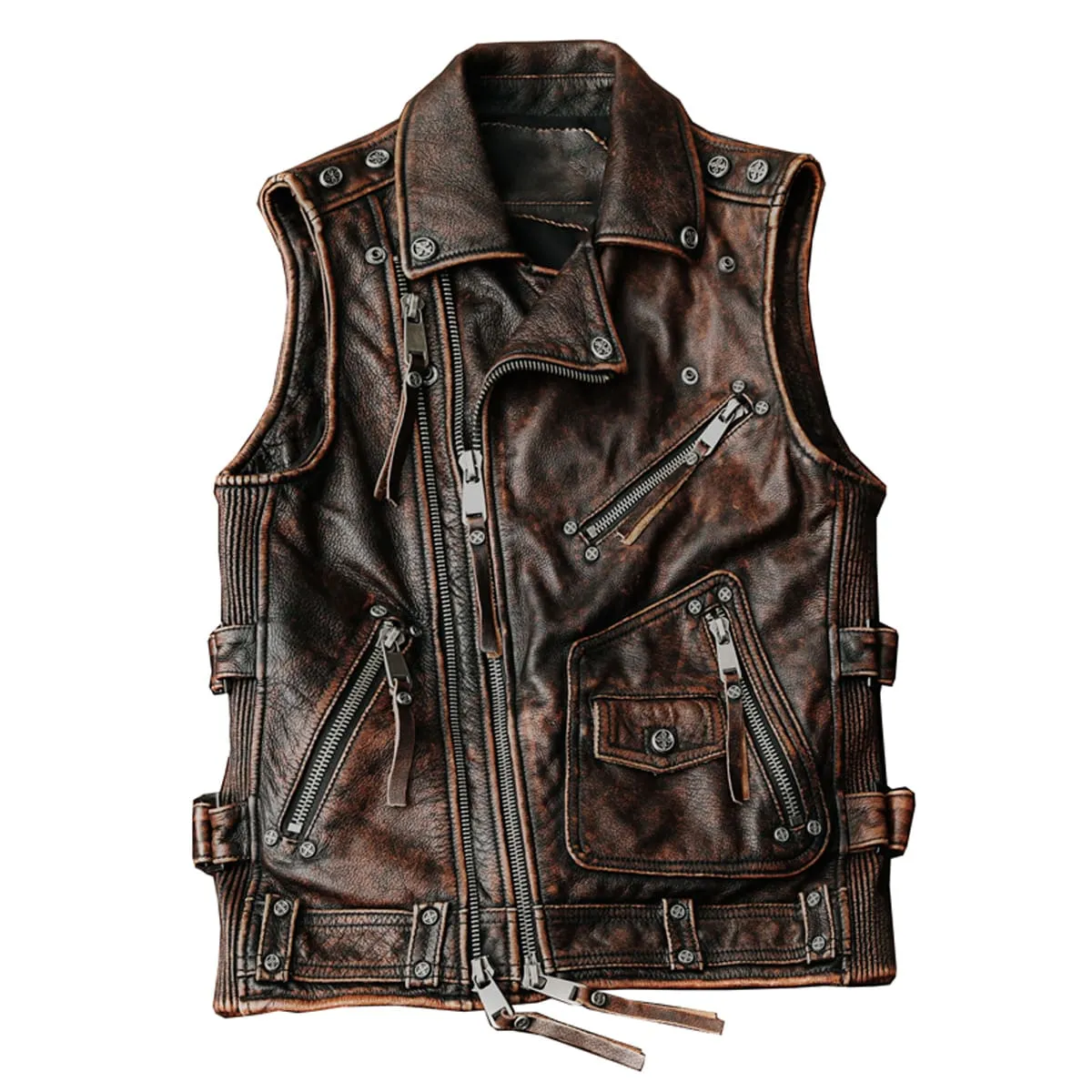Men’s Biker Vintage Brown Genuine Cowhide Western Slim Fit Leather Zipper Waistcoat