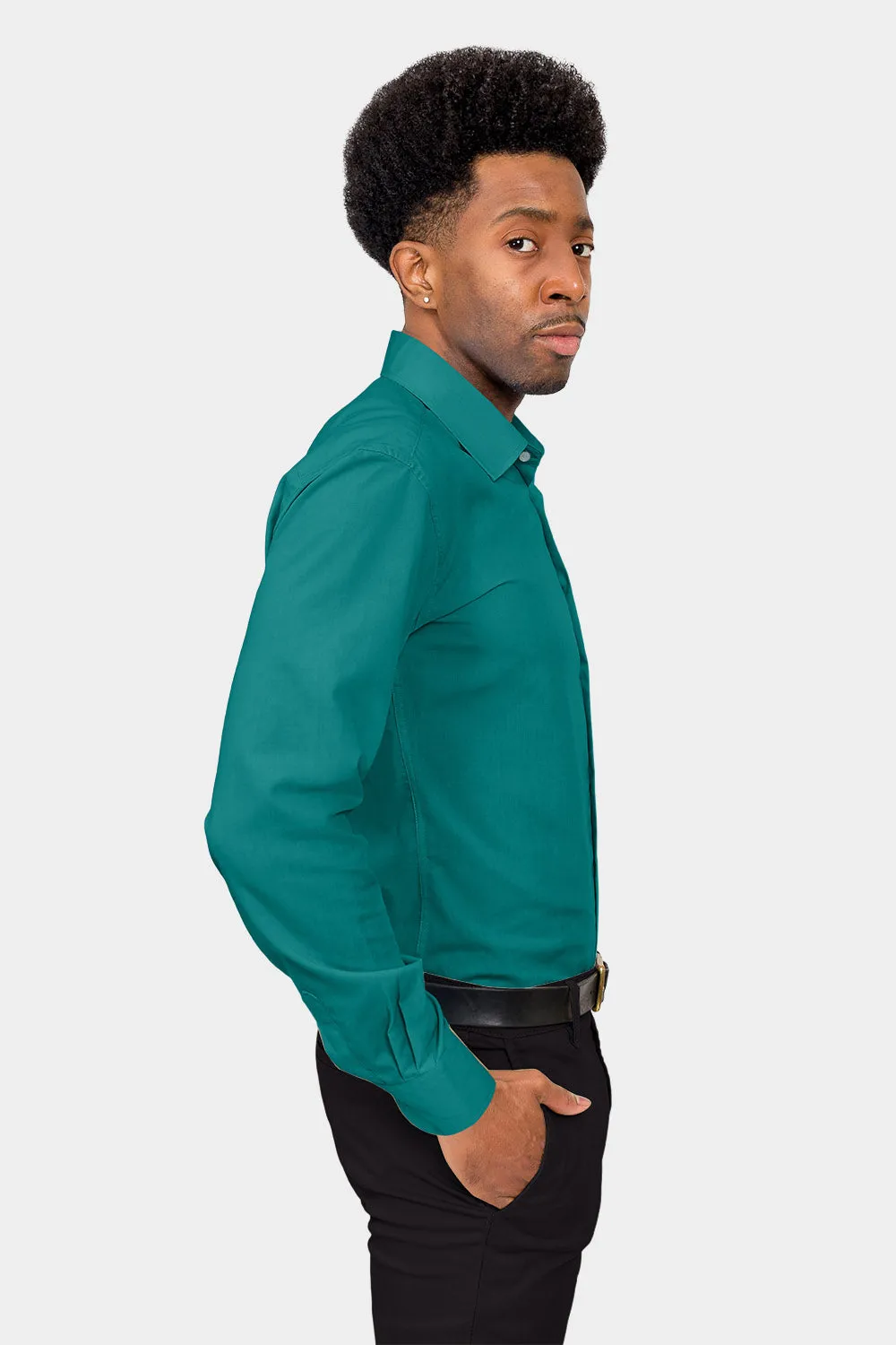 Men's Slim Fit Solid Color Dress Shirt (Teal)