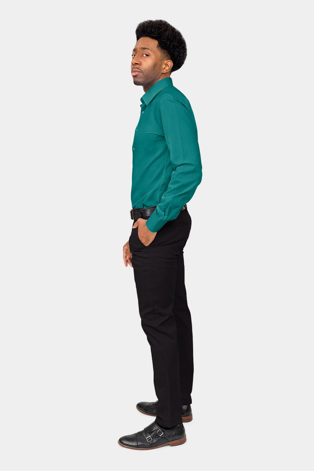 Men's Slim Fit Solid Color Dress Shirt (Teal)