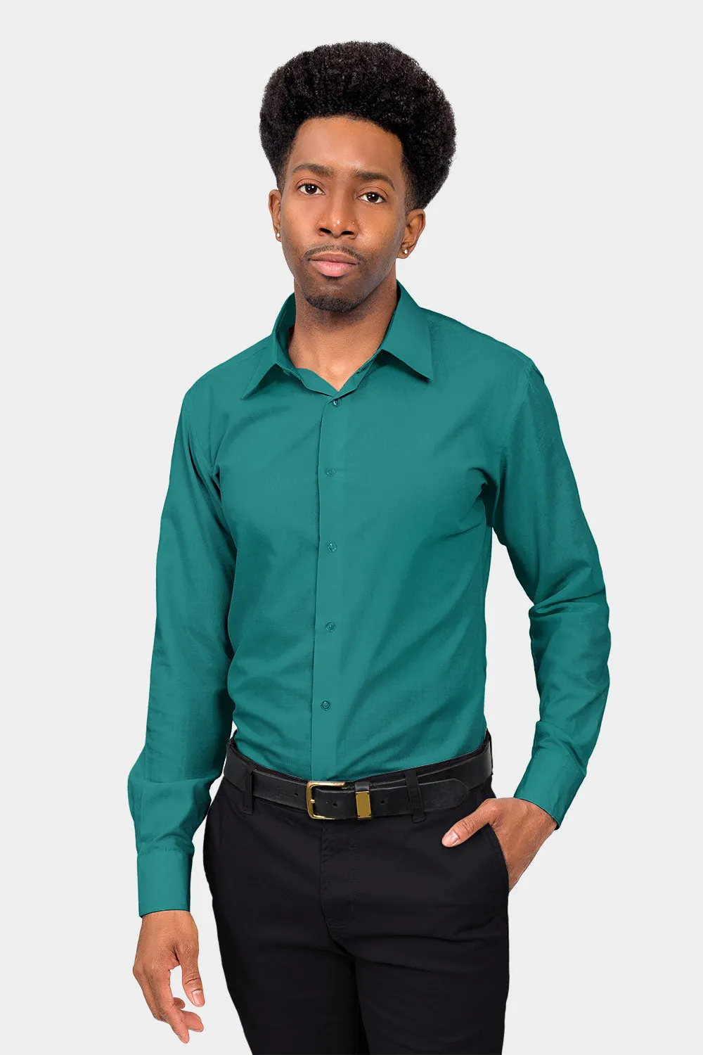 Men's Slim Fit Solid Color Dress Shirt (Teal)