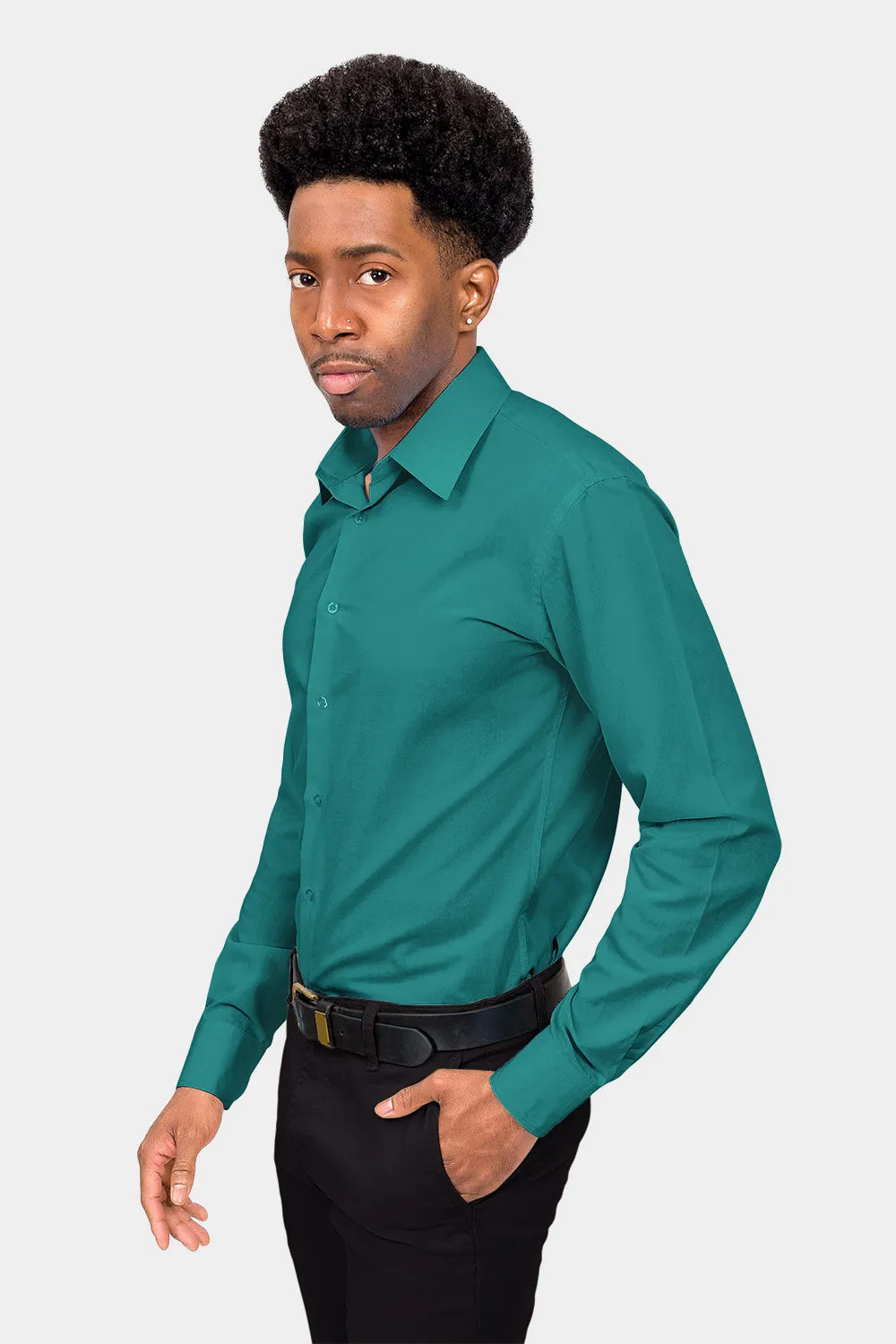 Men's Slim Fit Solid Color Dress Shirt (Teal)