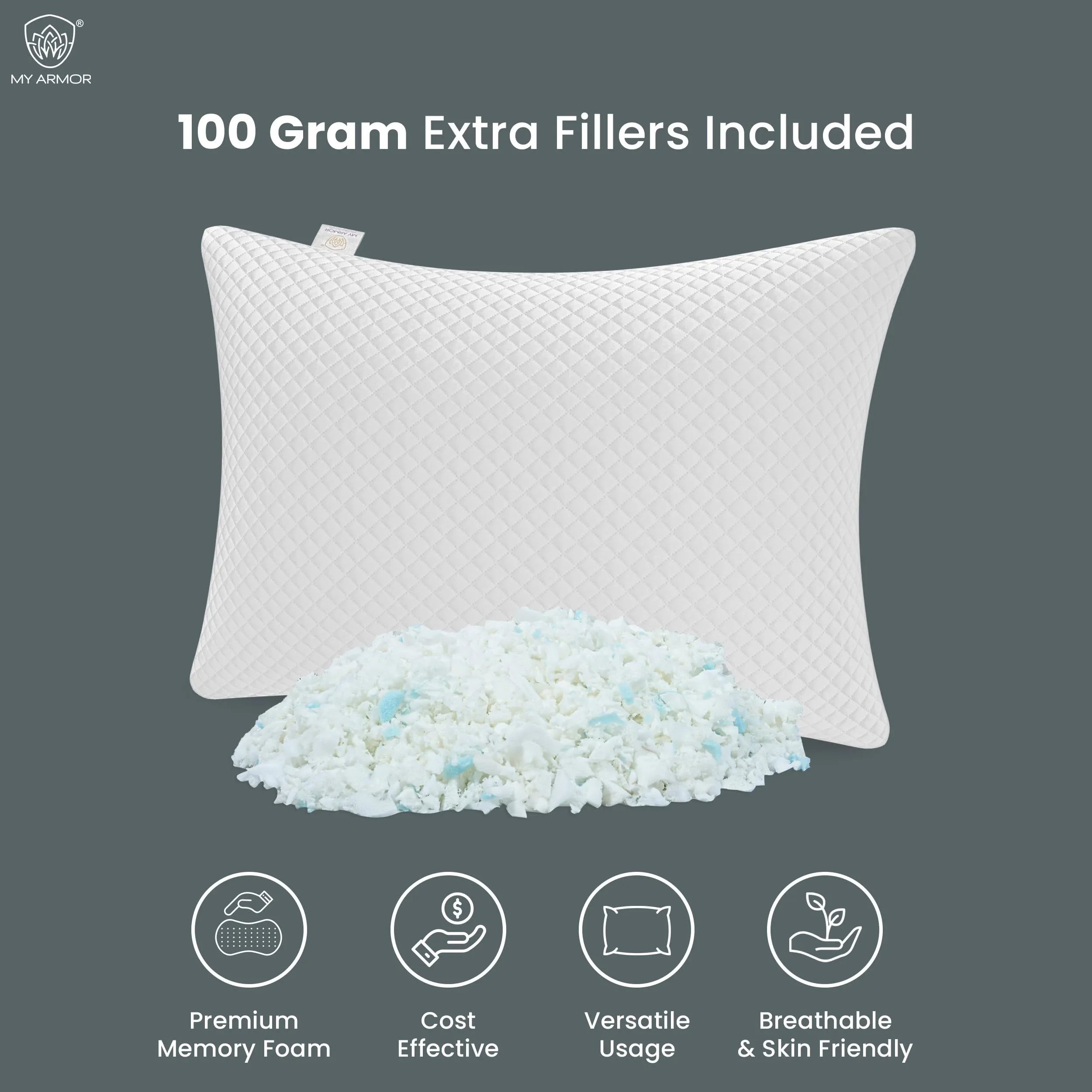 MY ARMOR Adjustable Shredded Memory Foam Pillow with Extra Filling | 350 GSm Antimicrobial Cover | 17" x 27" - 1 Piece