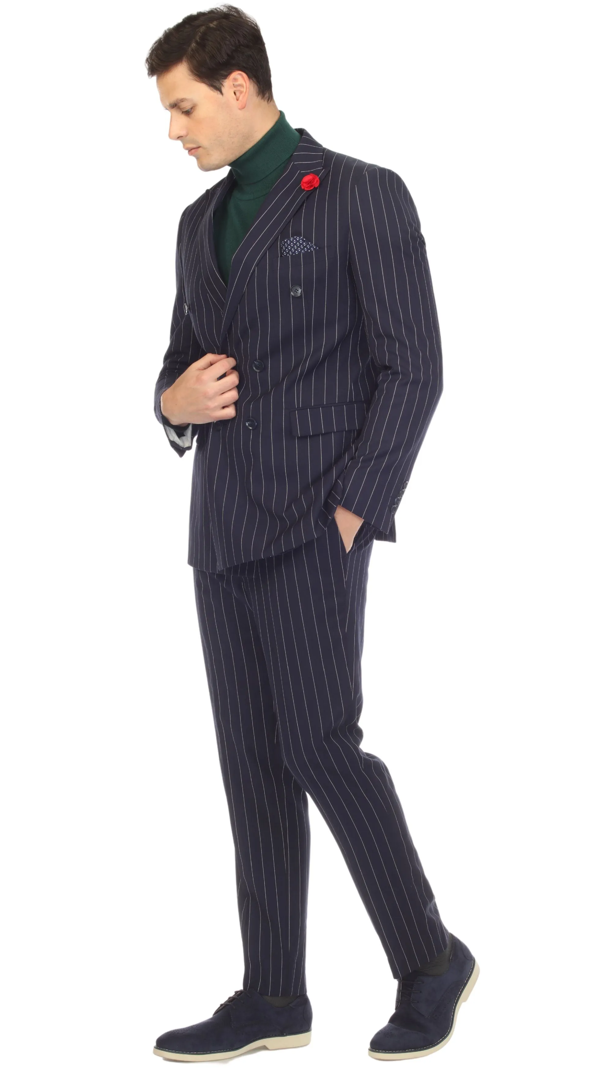 Newbury Navy White Mens 6 Button Slim Peak Lapel Suit With Double Breasted Suit Pick Stitching Ticket Pocket.
