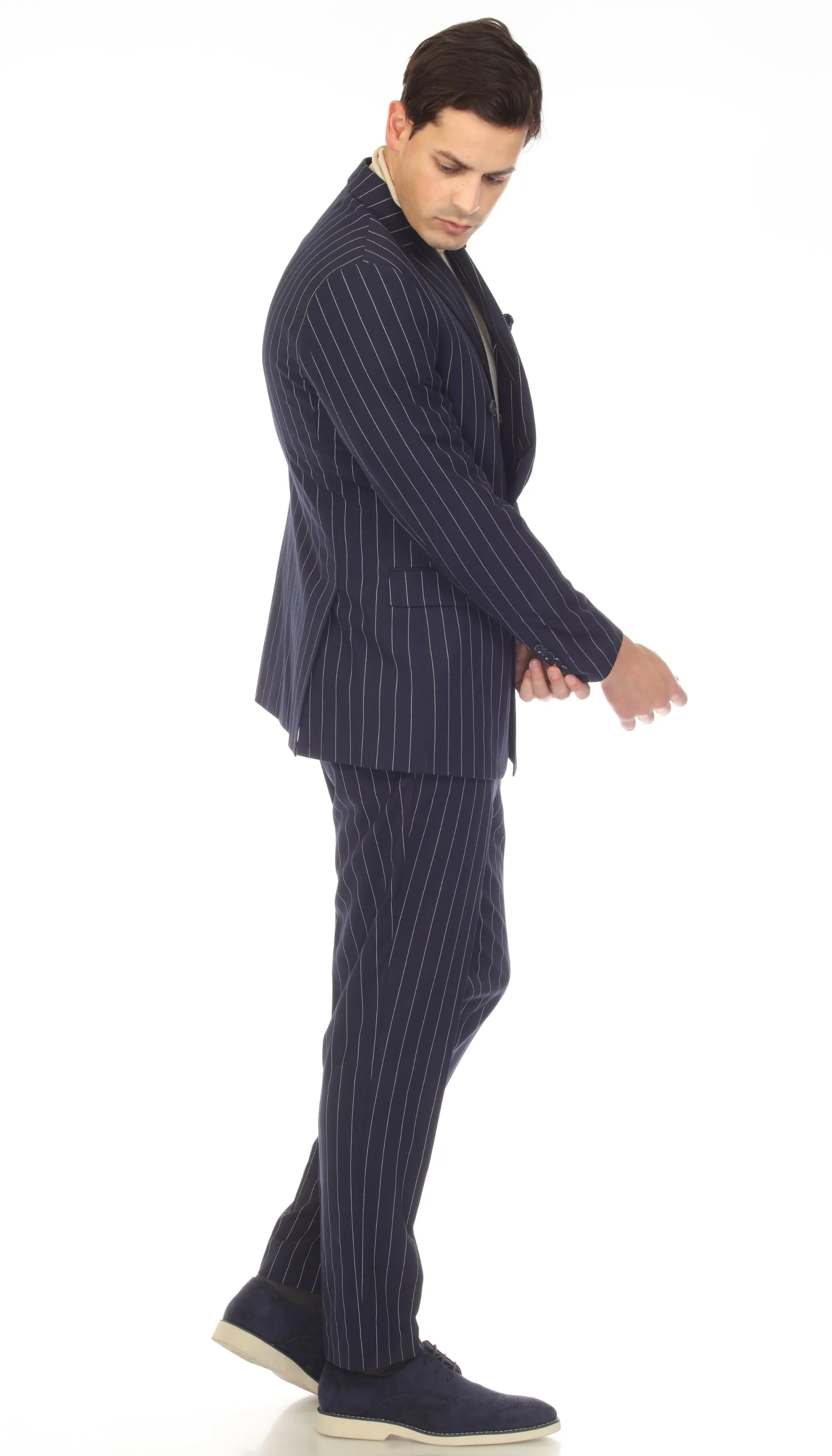 Newbury Navy White Mens 6 Button Slim Peak Lapel Suit With Double Breasted Suit Pick Stitching Ticket Pocket.
