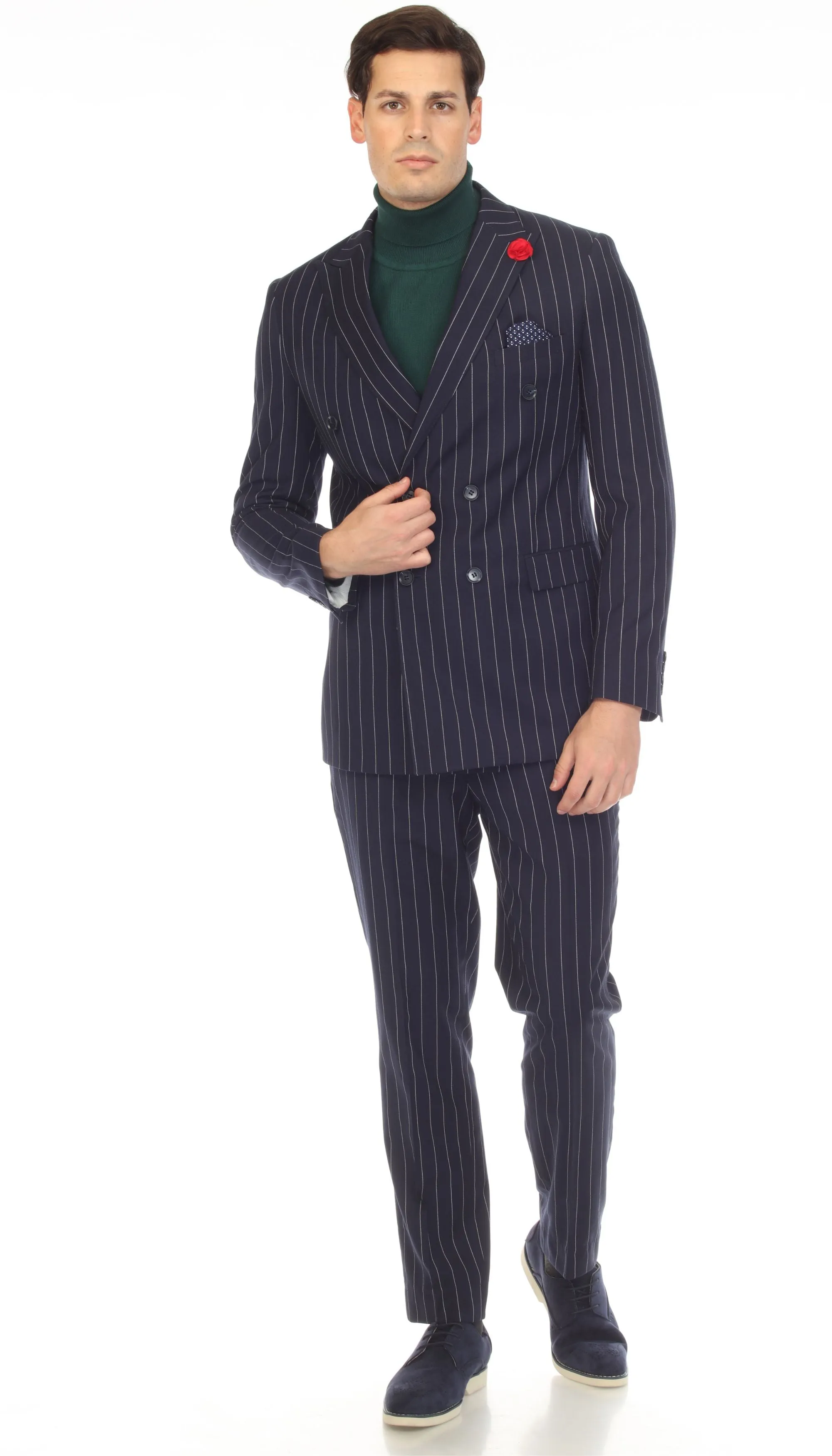 Newbury Navy White Mens 6 Button Slim Peak Lapel Suit With Double Breasted Suit Pick Stitching Ticket Pocket.