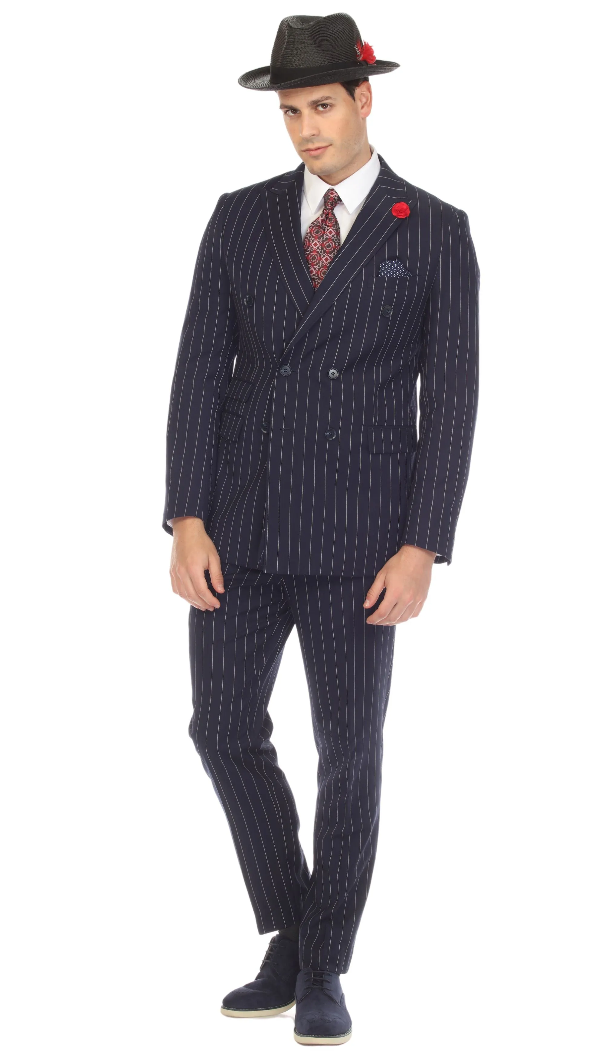Newbury Navy White Mens 6 Button Slim Peak Lapel Suit With Double Breasted Suit Pick Stitching Ticket Pocket.