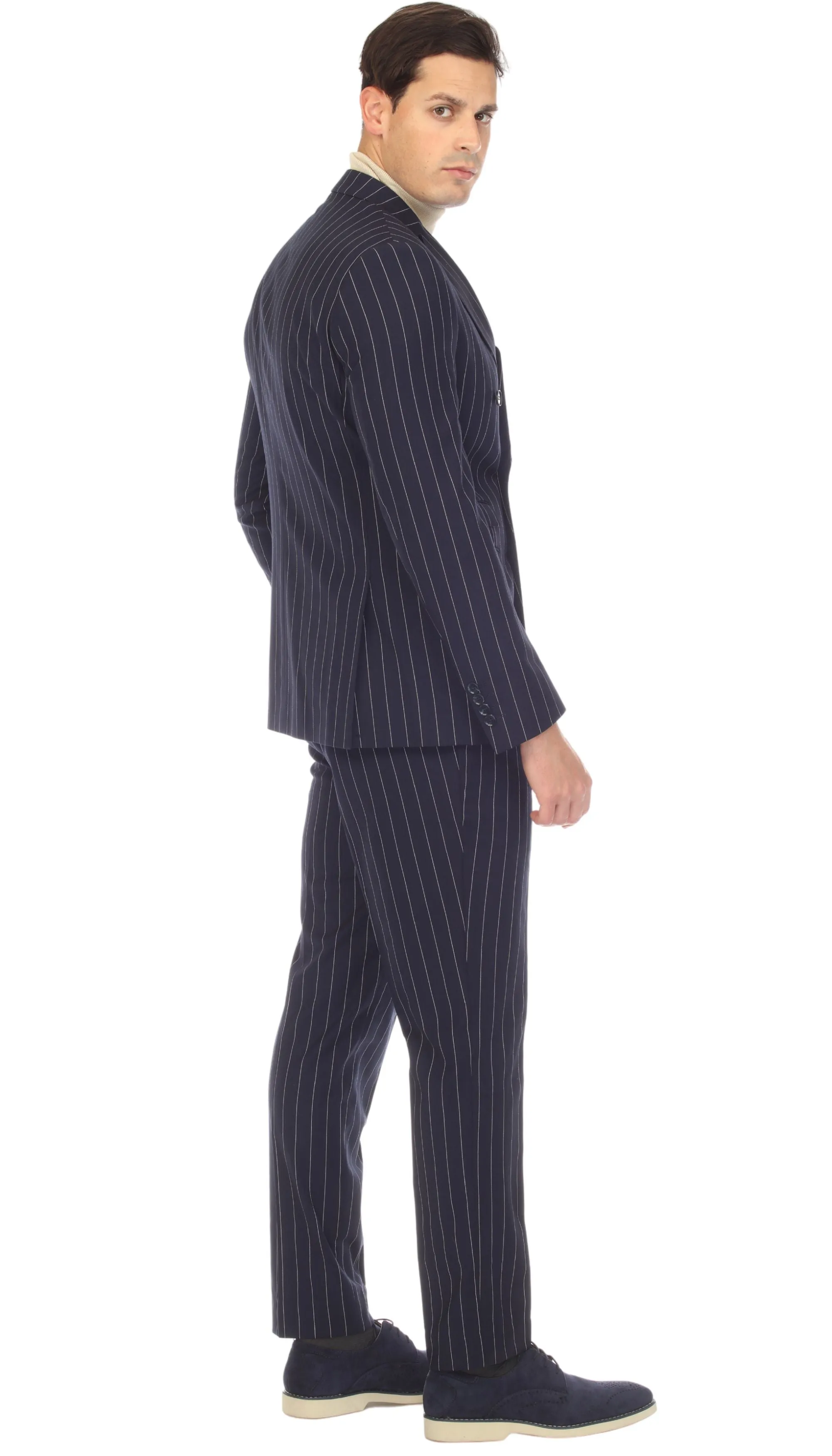 Newbury Navy White Mens 6 Button Slim Peak Lapel Suit With Double Breasted Suit Pick Stitching Ticket Pocket.