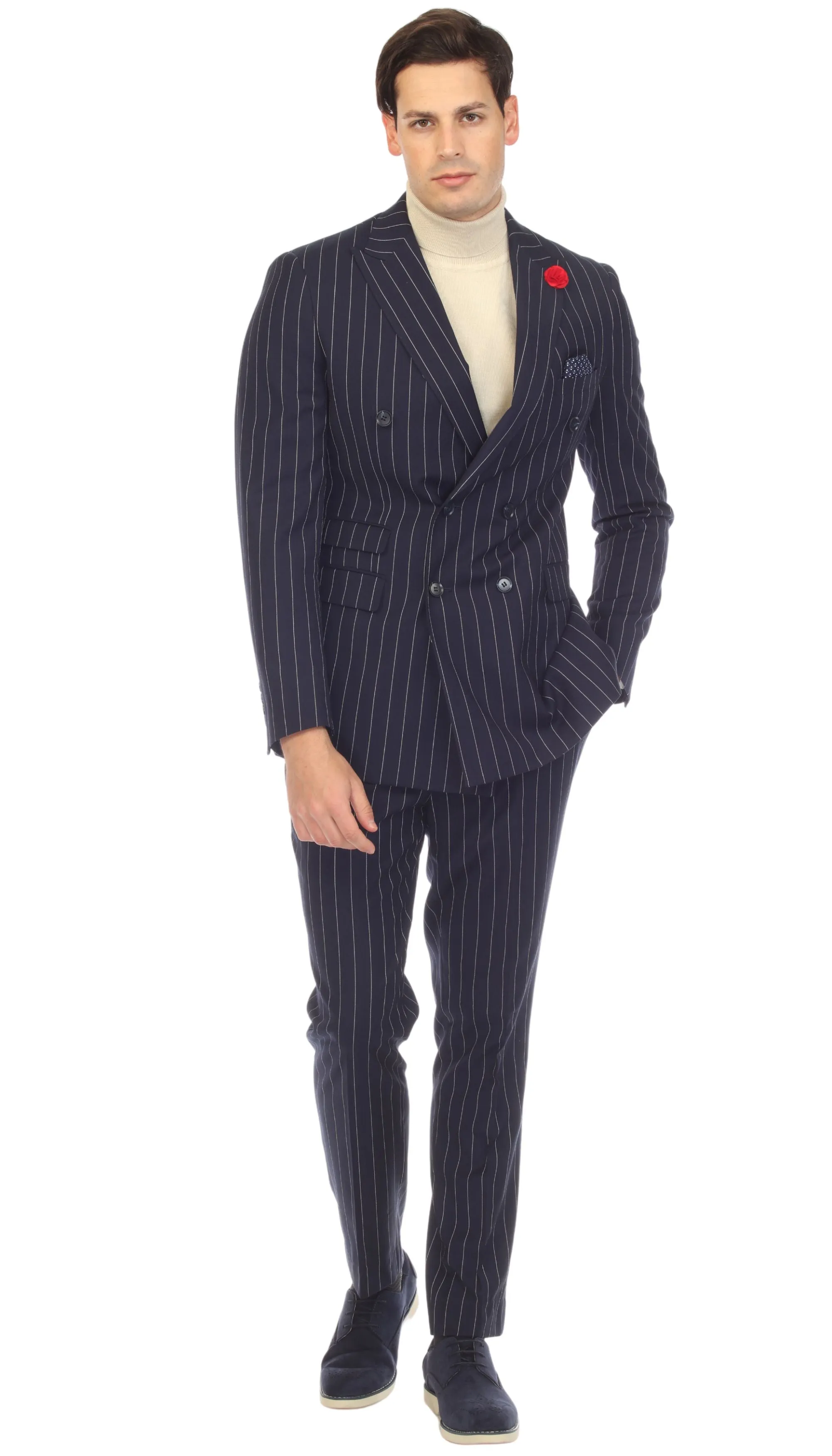 Newbury Navy White Mens 6 Button Slim Peak Lapel Suit With Double Breasted Suit Pick Stitching Ticket Pocket.